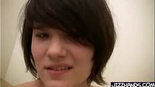 Cute brunette handles cock for fist time - porn video