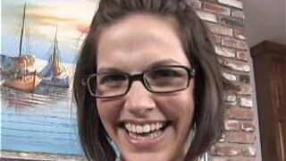 hot chick in glasses strips and blows cock - porn video